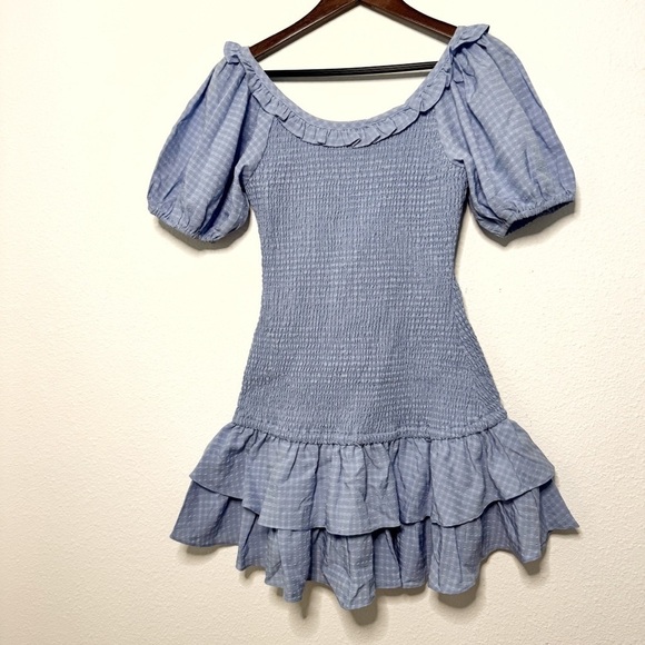 Lush Blue Off-Shoulder Smocked ruffled mini Dress NWT Size M - Picture 2 of 9